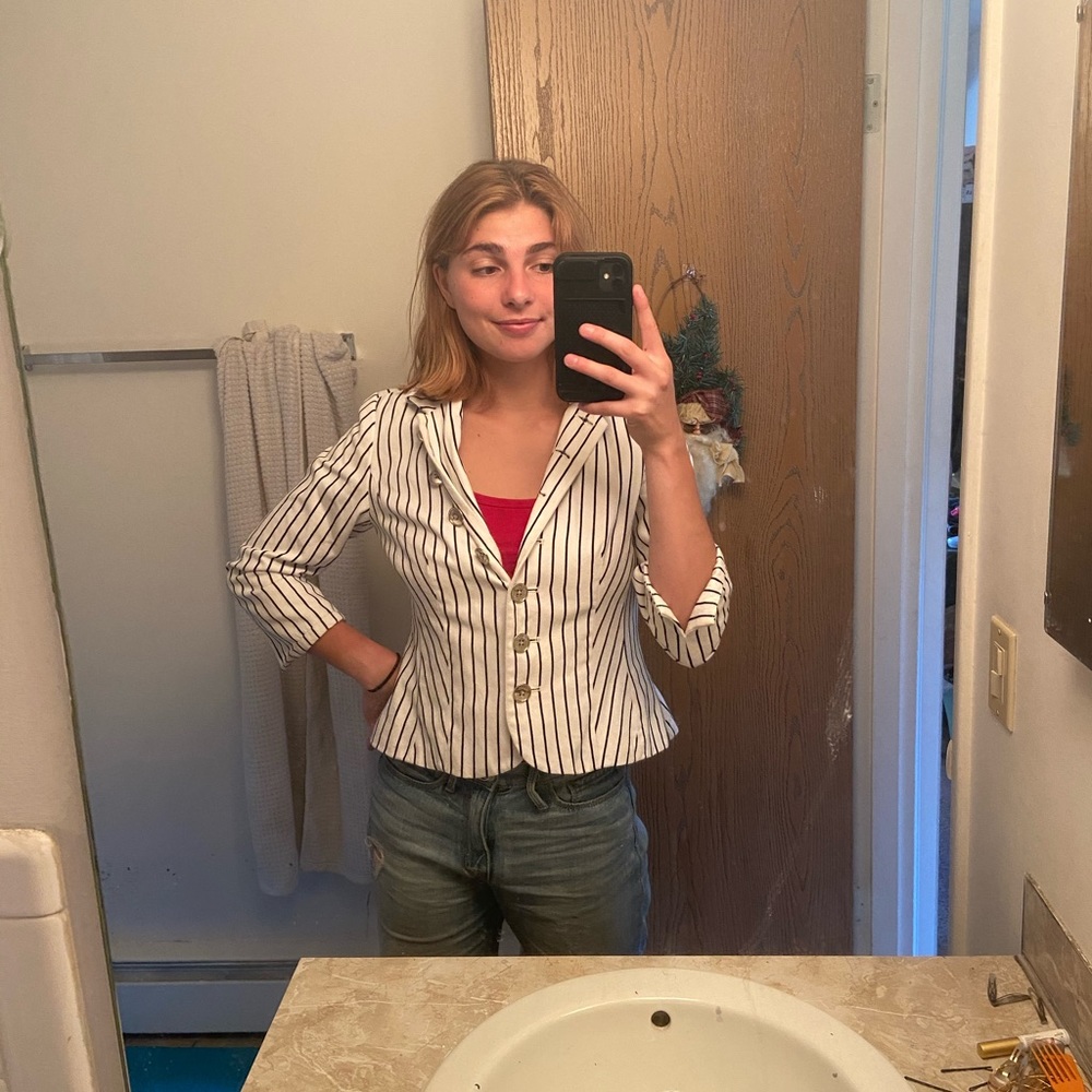 Black and white striped cropped blazer